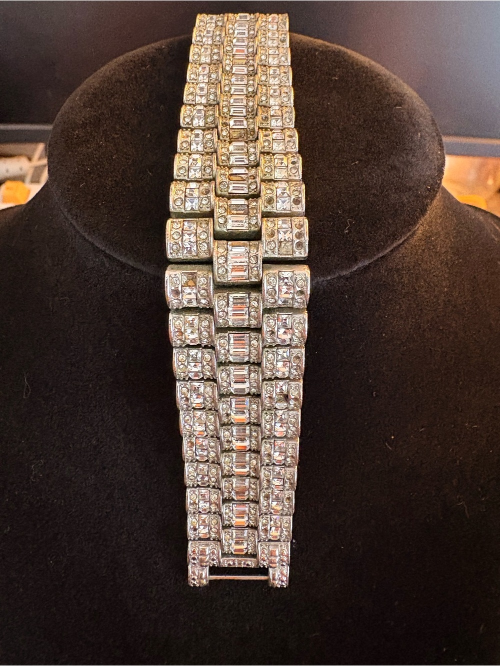 Vintage Silver Tone Square Link Crystal Tennis Chain Bracelet